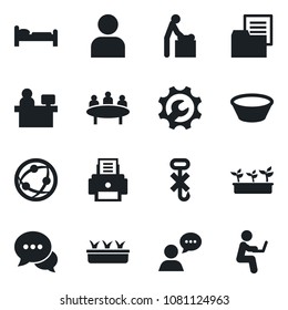 Set of vector isolated black icon - baby room vector, bed, meeting, manager place, seedling, folder document, no hook, network, dialog, speaker, user, root setup, printer, bowl, man with notebook