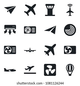 Set of vector isolated black icon - plane vector, airport tower, radar, departure, air conditioner, fan, paper, balloon