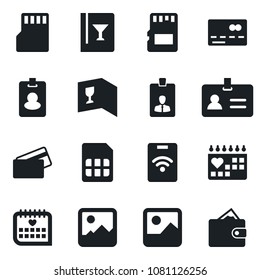 Set of vector isolated black icon - credit card vector, identity, medical calendar, gallery, sd, sim, wine, pass, wallet