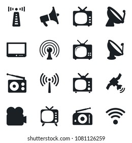 Set of vector isolated black icon - antenna vector, satellite, radio, loudspeaker, tv, video camera, wireless