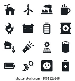 Set of vector isolated black icon - hot cup vector, factory, fire, oil barrel, battery, torch, sun panel, home control, eco house, socket, windmill
