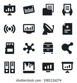 Set of vector isolated black icon - satellite antenna vector, office binder, document, statistic monitor, diagnosis, folder, barcode, share, scanner, sd, statistics, archive box, wireless