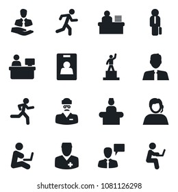 Set of vector isolated black icon - reception vector, speaking man, pedestal, manager place, run, doctor, support, client, identity card, desk, estate agent, with notebook