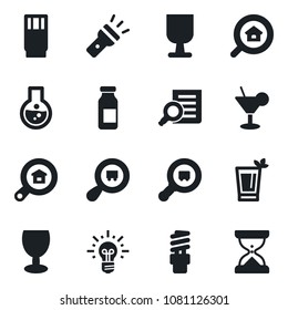 Set of vector isolated black icon - document search vector, ampoule, fragile, cargo, torch, estate, drink, cocktail, phyto bar, energy saving bulb, idea, flask, sand clock