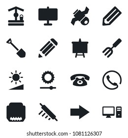 Set of vector isolated black icon - right arrow vector, presentation board, job, pencil, garden fork, well, satellite, hdmi, brightness, phone, rolling pin, pc
