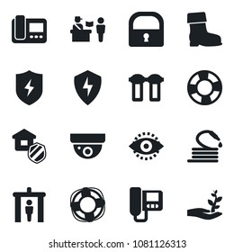 Set of vector isolated black icon - passport control vector, security gate, boot, hose, protect, lock, eye id, estate insurance, intercome, water filter, surveillance, crisis management