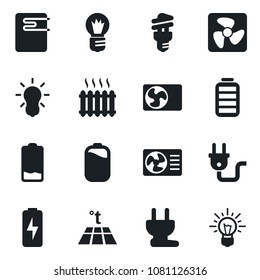 Set of vector isolated black icon - bulb vector, battery, low, charge, heater, air conditioner, power plug, fan, water, warm floor, energy saving, idea