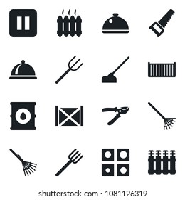Set of vector isolated black icon - farm fork vector, rake, pruner, saw, hoe, cargo container, oil barrel, pause button, application, heater, dish, radiator