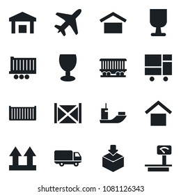 Set of vector isolated black icon - plane vector, railroad, sea shipping, truck trailer, cargo container, car delivery, consolidated, fragile, warehouse storage, up side sign, package, heavy scales