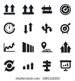 Set of vector isolated black icon - signpost vector, route, navigation, up side sign, sorting, data exchange, update, target, arrow graph, clock, growth, presentation