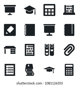 Set of vector isolated black icon - graduate vector, abacus, desk, notepad, presentation board, calculator, notes, copybook, paper clip, book