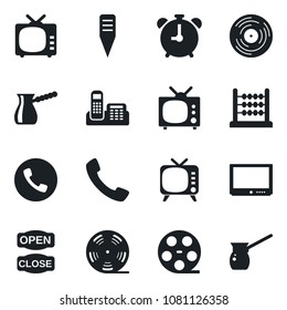 Set of vector isolated black icon - alarm clock vector, phone, plant label, reel, vinyl, tv, call, abacus, office, open close, turkish coffee