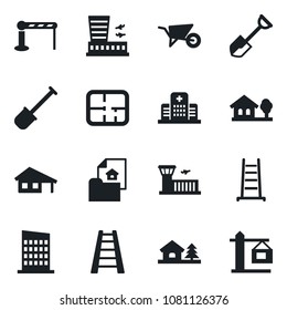 Set of vector isolated black icon - barrier vector, airport building, shovel, ladder, wheelbarrow, hospital, house with garage, tree, plan, estate document, city, crane