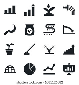Set of vector isolated black icon - growth statistic vector, seedling, watering, hoe, sickle, greenhouse, fertilizer, drip irrigation, bar graph, pie, point, crisis, presentation