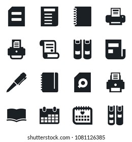Set of vector isolated black icon - book vector, pen, notepad, document, calendar, printer, contract, medical, copybook, news, search