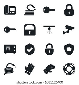 Set of vector isolated black icon - safe vector, lock, glove, hose, shield, key, intercome, home protect, surveillance, sprinkler, crisis management