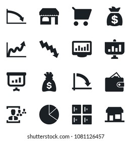 Set of vector isolated black icon - shop vector, checkroom, money bag, crisis graph, monitor statistics, pie, hr, wallet, growth, cart, presentation, storefront