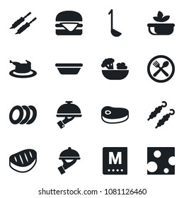 Set of vector isolated black icon - cafe vector, menu, salad, plates, waiter, chicken, steak, kebab, hamburger, ladle, bowl, cheese