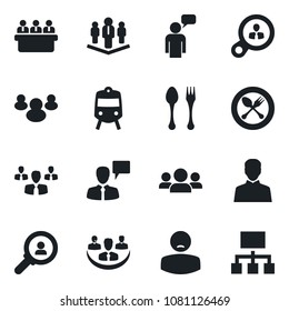 Set of vector isolated black icon - spoon and fork vector, train, speaking man, meeting, patient, group, user, company, consumer search, hierarchy