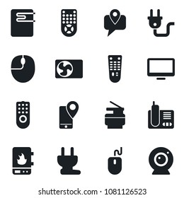 Set of vector isolated black icon - mouse vector, mobile tracking, remote control, monitor, radio phone, copier, air conditioner, power plug, water heater, web camera