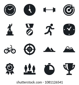 Set of vector isolated black icon - pedestal vector, medal, barbell, bike, run, clock, stopwatch, target, mountains, award cup