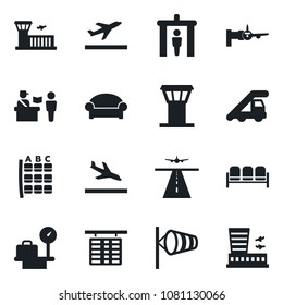 Set of vector isolated black icon - airport tower vector, runway, departure, arrival, passport control, security gate, waiting area, ladder car, wind, boarding, seat map, flight table, building