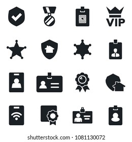 Set of vector isolated black icon - vip vector, identity, card, medal, shield, sertificate, home protect, police, pass