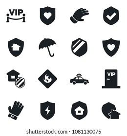 Set of vector isolated black icon - umbrella vector, alarm car, glove, heart shield, flammable, protect, estate insurance, vip zone, home