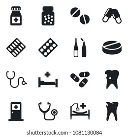Set of vector isolated black icon - medical room vector, stethoscope, pills, bottle, blister, ampoule, hospital bed, caries