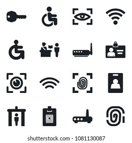 Set of vector isolated black icon - passport control vector, security gate, identity card, disabled, wireless, key, fingerprint, router, eye scan