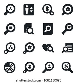 Set of vector isolated black icon - elevator vector, radar, document search, heart diagnostic, cargo, estate, client, consumer, money