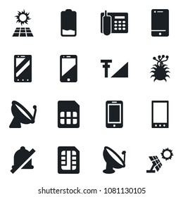 Set of vector isolated black icon - satellite antenna vector, mobile phone, virus, cell, low battery, sim, mute, cellular signal, office, sun panel