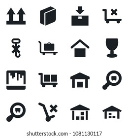 Set of vector isolated black icon - baggage trolley vector, fragile, cargo, warehouse storage, up side sign, no, hook, package, search, scanner, blank box