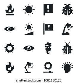 Set of vector isolated black icon - lady bug vector, fire, sun, eye, important flag, brightness, desk lamp, energy saving bulb, shining head
