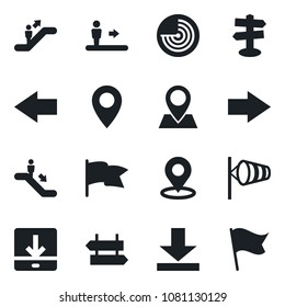 Set of vector isolated black icon - escalator vector, signpost, right arrow, left, wind, radar, pin, download, place tag, flag