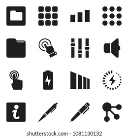 Set of vector isolated black icon - sorting vector, settings, touch screen, menu, folder, charge, pen, sound, information, social media