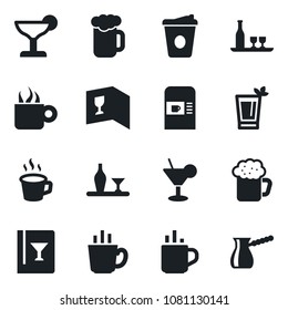 Set of vector isolated black icon - hot cup vector, coffee machine, alcohol, wine card, cocktail, phyto bar, beer, turkish