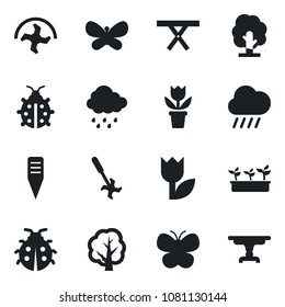 Set of vector isolated black icon - flower in pot vector, ripper, tree, butterfly, lady bug, seedling, rain, plant label, picnic table, tulip