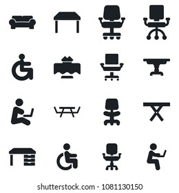 Set of vector isolated black icon - office chair vector, desk, picnic table, disabled, cushioned furniture, restaurant, man with notebook