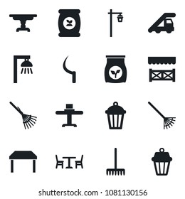 Set of vector isolated black icon - cafe vector, ladder car, rake, sickle, garden light, fertilizer, table, restaurant, alcove, outdoor lamp