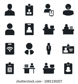 Set of vector isolated black icon - manager vector, identity card, place, patient, user, desk, estate agent, pass