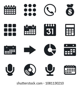 Set of vector isolated black icon - right arrow vector, calendar, circle chart, microphone, menu, calculator, phone, money bag