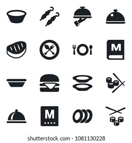 Set of vector isolated black icon - spoon and fork vector, dish, cafe, menu, plates, waiter, steak, kebab, hamburger, bowl, sushi