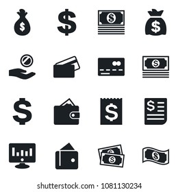 Set of vector isolated black icon - credit card vector, dollar sign, money bag, statistic monitor, cash, receipt, wallet, investment