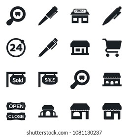 Set of vector isolated black icon - 24 around vector, shop, pen, store, search cargo, sale, sold signboard, cafe building, open close, cart, storefront