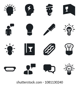 Set of vector isolated black icon - speaking man vector, pen, brainstorm, bulb, dialog, wine card, hot dog, energy saving, shining head, idea