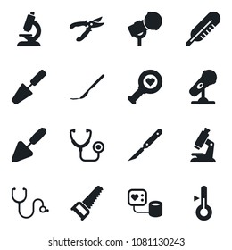 Set of vector isolated black icon - trowel vector, pruner, saw, stethoscope, blood pressure, thermometer, heart diagnostic, microscope, scalpel, microphone