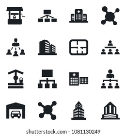 Set of vector isolated black icon - hierarchy vector, well, molecule, hospital, office building, garage, plan