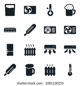 Set of vector isolated black icon - thermometer vector, heater, air conditioner, fridge, drink, beer