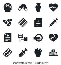 Set of vector isolated black icon - heart pulse vector, diagnosis, syringe, blood pressure, pills, blister, tomography, real, hospital